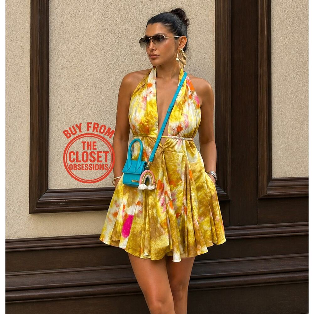 ZARA Yellow Floral Halter Mini Dress Open Back Resort Vacation Sundress NWT - Picture 13 of 16